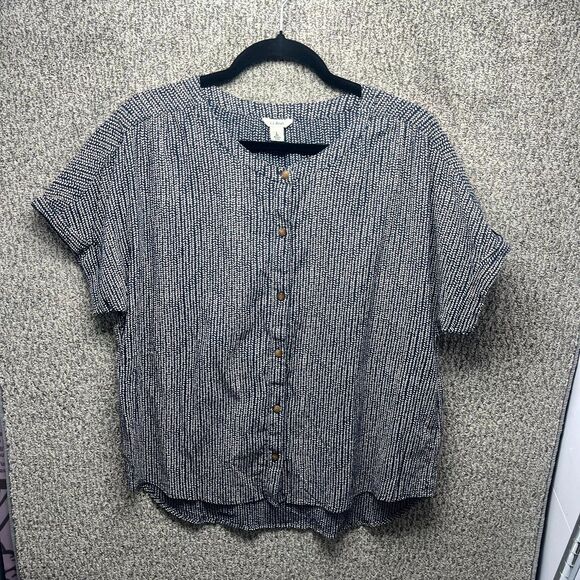 L.L. Bean Womens Large Blouse Top Black White Print Organic Cotton Button Front - Picture 2 of 15
